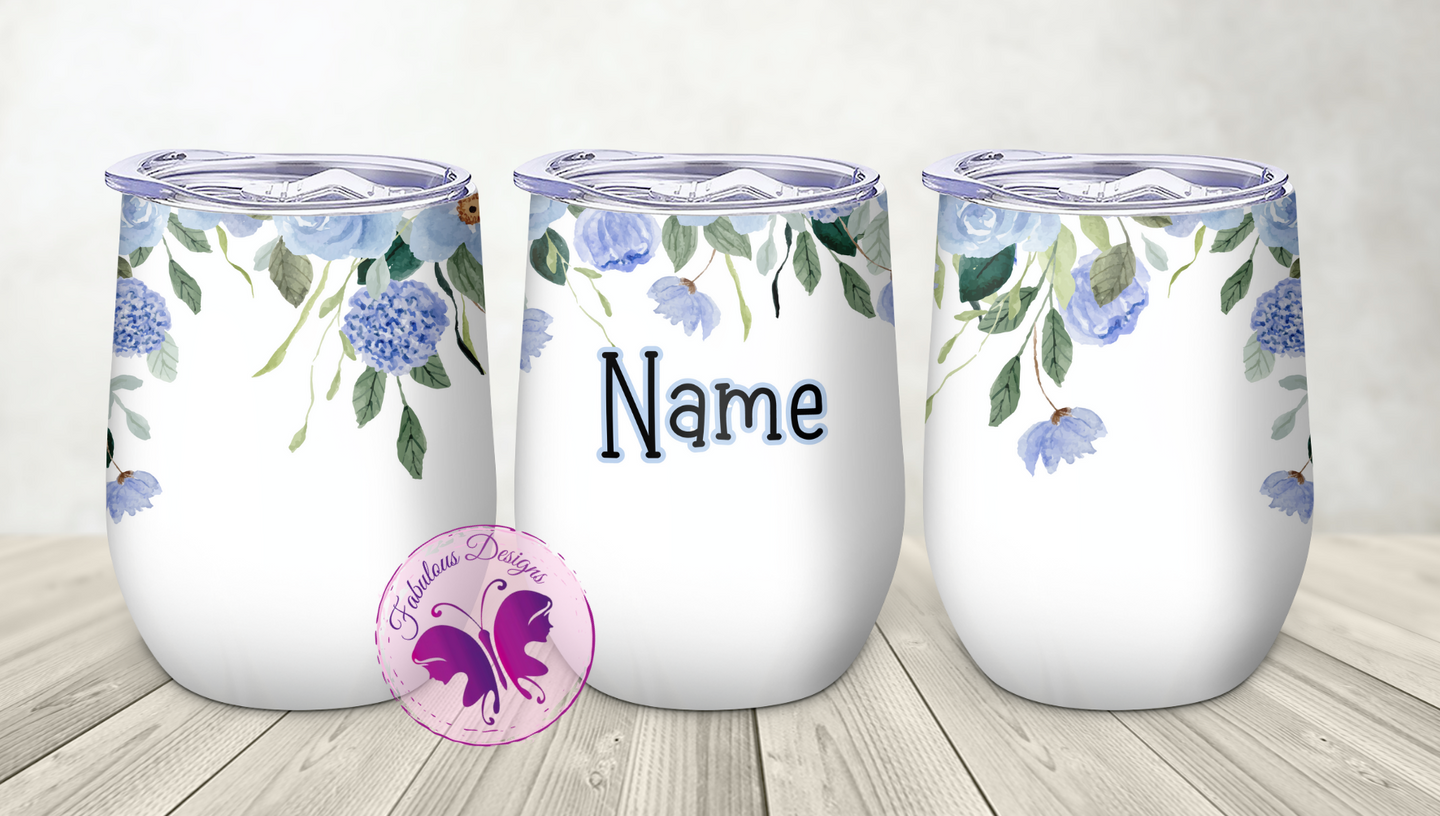 Personalized Wine Tumbler - Blue Flowers